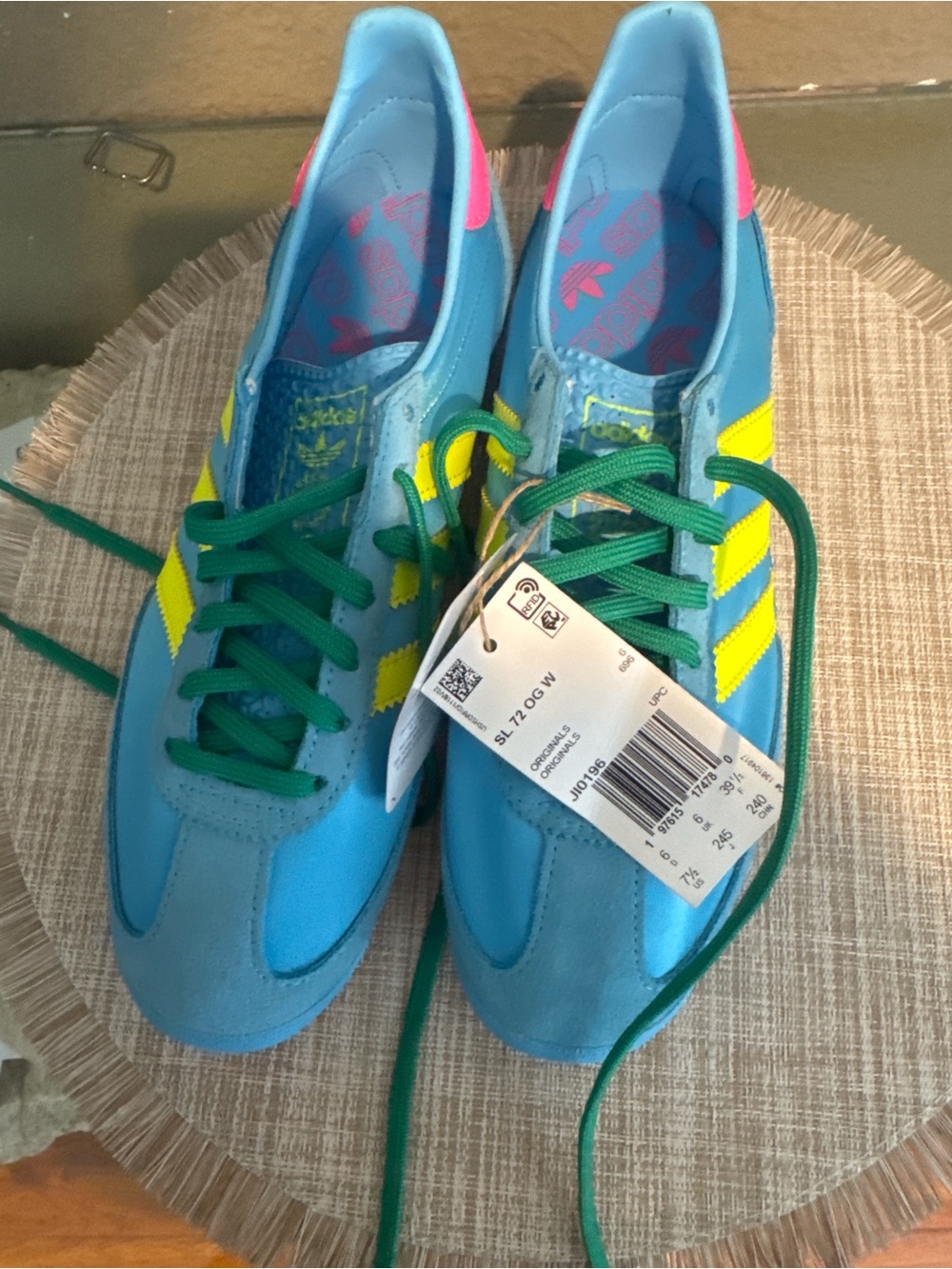 adidas Women SL 72 OG Blue Sneakers with neon Stripes and Green Laces#retro